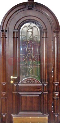 Арочная металлическая дверь массив со стеклом и ковкой ДА-50