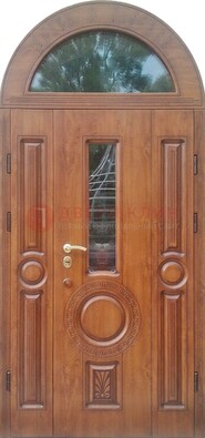 Двустворчатая железная дверь МДФ со стеклом в форме арки ДА-52