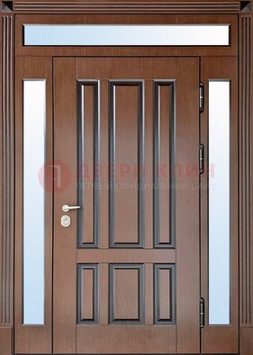 Железная дверь со стеклом и фрамугами в коричневом цвете ДФГ-8