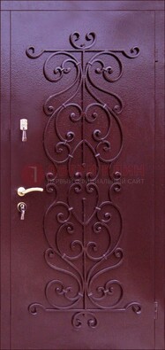 Бордовая металлическая дверь с ковкой ДК-21 в кирпичный дом