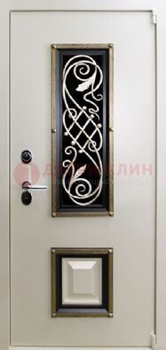 Белая стальная дверь с ковкой со стеклопакетом и МДФ ДК-30 в Коломне