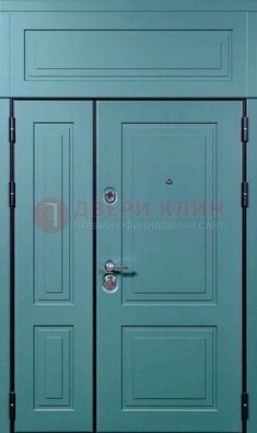 Синяя металлическая дверь с МДФ и верхней фрамугой ДМ-339