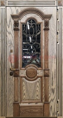 Железная дверь с массивом дуба со стеклом и ковкой ДМД-47