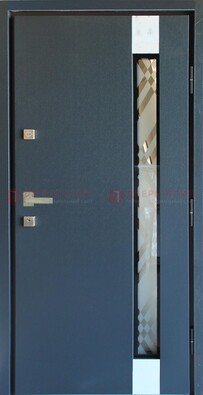 Серая стальная дверь с порошковым покрытием и стеклянной вставкой ДП-216