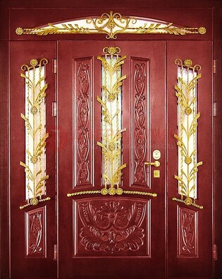Бордовая железная парадная дверь со стеклом и ковкой ДПР-75 в Санкт-Петербурге