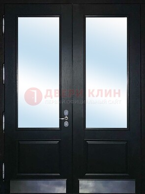 Черная двухстворчатая металлическая дверь со стеклом ДС-25