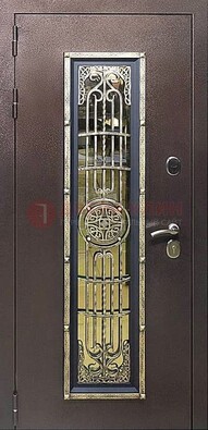 Железная дверь цвета медный антик со стеклом и ковкой ДСК-105 в Курске
