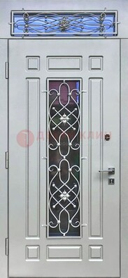 Белая железная дверь со стеклом и ковкой с верхней фрамугой ДСК-112 в Ростове-На-Дону
