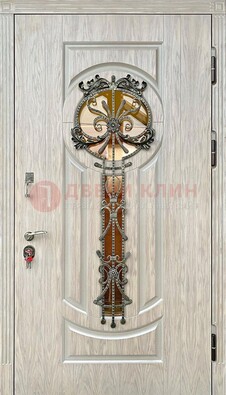 Светлая железная дверь со стеклом ковкой для коттеджа ДСК-134 в Ростове-На-Дону
