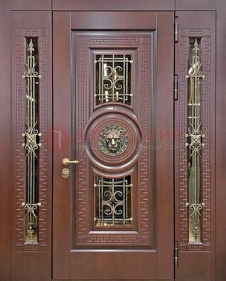 Коричневая стальная дверь со стеклом и ковкой ДСК-147 с фрамугами