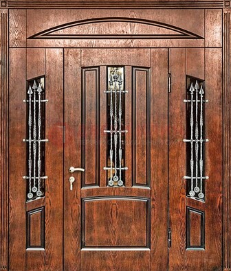 Стальная дверь со стеклом и ковкой с фрамугами ДСК-149 коричневая
