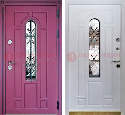 Розовая металлическая дверь со стеклом и ковкой ДСК-151