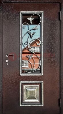 Коричневая стальная дверь порошок со стеклом и ковкой ДСК-163 в Дмитрове