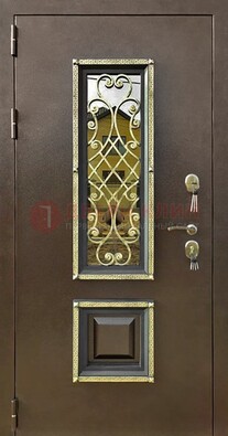 Входная дверь порошок со стеклом и ковкой для коттеджа ДСК-166 в Красноармейске