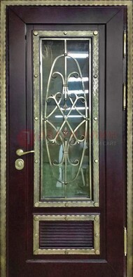 Темная уличная дверь порошок со стеклом и ковкой ДСК-167 в Дмитрове