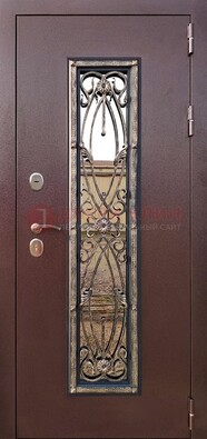 Коричневая стальная дверь порошок со стеклом и ковкой для дома ДСК-169 в Омске