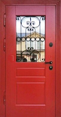 Красная железная дверь Винорит со стеклом и ковкой ДСК-205
