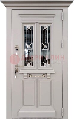 Белая уличная дверь со стеклом и ковкой ДСК-206