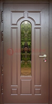 Металлическая коричневая дверь Винорит со стеклом и ковкой ДСК-210 в Волжском