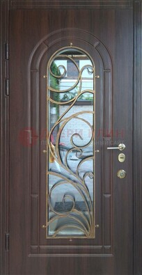 Железная дверь Винорит со стеклом и ковкой в темном цвете ДСК-216 в Сургуте