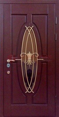 Бордовая стальная дверь Винорит со стеклом и ковкой ДСК-263 в Белгороде
