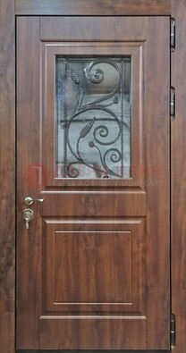 Железная дверь Винорит стекло и ковка с цветом под дерево ДСК-266