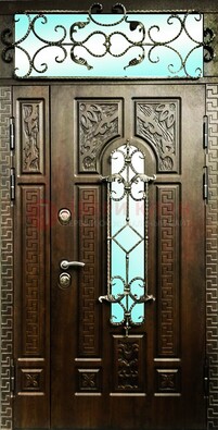 Металлическая дверь со стеклом и ковкой ДСК-66 в с фрамугой в Ростове-На-Дону