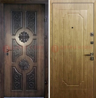 Железная коричневая дверь с виноритом и терморазрывом Золотой дуб внутри ДВТ-101