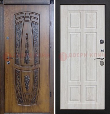 Железная коричневая уличная дверь с виноритом и МДФ Беленый дуб ДВТ-125