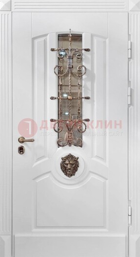 Белая металлическая дверь с виноритом и стеклом с ковкой ДВТ-165