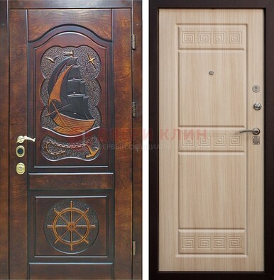 Коричневая железная дверь с виноритом и узором ДВТ-50