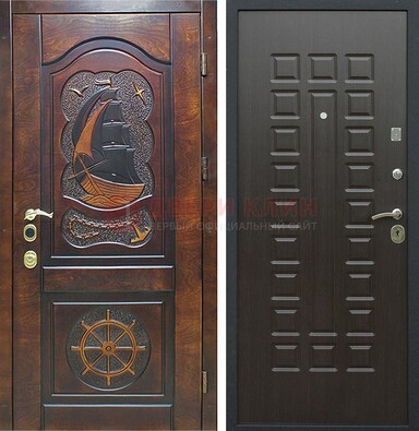 Коричневая металлическая дверь с виноритом и внутренней панелью венге ДВТ-52