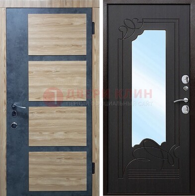 Металлическая дверь Темный орех c фрезерованной МДФ с зеркалом ДЗ-103