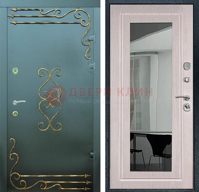 Железная дверь c порошковым напылением и МДФ Белый дуб с зеркалом ДЗ-110 в Краснознаменске
