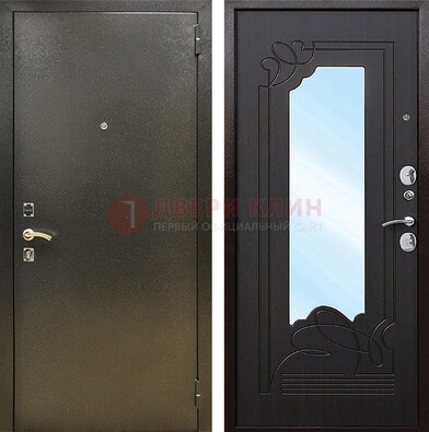 Железная темная дверь c порошковым напылением и МДФ с узором и зеркалом ДЗ-111