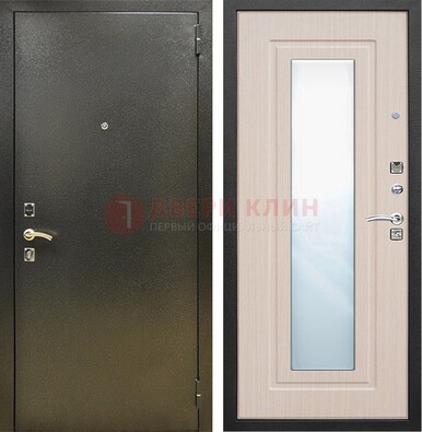 Входная темная дверь c порошковым покрытием и МДФ Белый дуб и зеркалом ДЗ-112