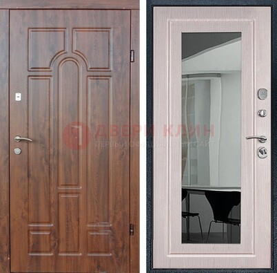 Входная коричневая дверь с МДФ Белый дуб и зеркалом ДЗ-126