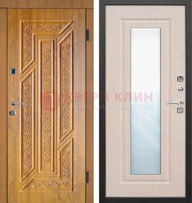 Темная железная дверь с зеркалом МДФ Белый дуб ДЗ-128 в Кирове