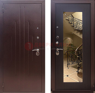 Бордовая металлическая дверь с зеркалом МДФ внутри ДЗ-17