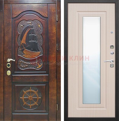 Темная уличная дверь с резьбой и зеркалом внутри ДЗ-49 в Егорьевске