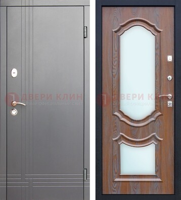 Серая входная дверь со светлой МДФ и зеркалами внутри ДЗ-77