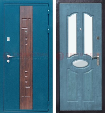 Голубая металлическая дверь МДФ с тремя зеркальными вставками ДЗ-78