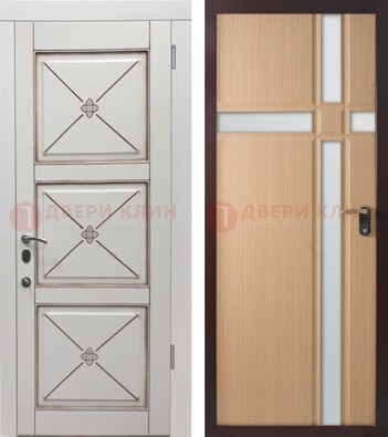 Коричневая уличная дверь с виноритом и МДФ Белый дуб с зеркалом ДЗ-94
