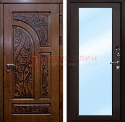 Коричневая входная дверь c узором и виноритом МДФ с зеркалом ДЗ-98 в Ликино-Дулево