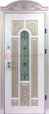 Белая железная дверь с МДФ и витражом ВЖ-26