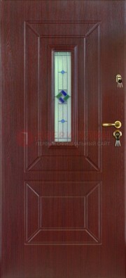 Бордовая железная дверь с витражом и отделкой массив ВЖ-3 Кириши
