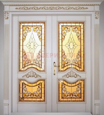 Элитная металлическая дверь с витражом и отделкой массив ВЖ-4 в Рязани